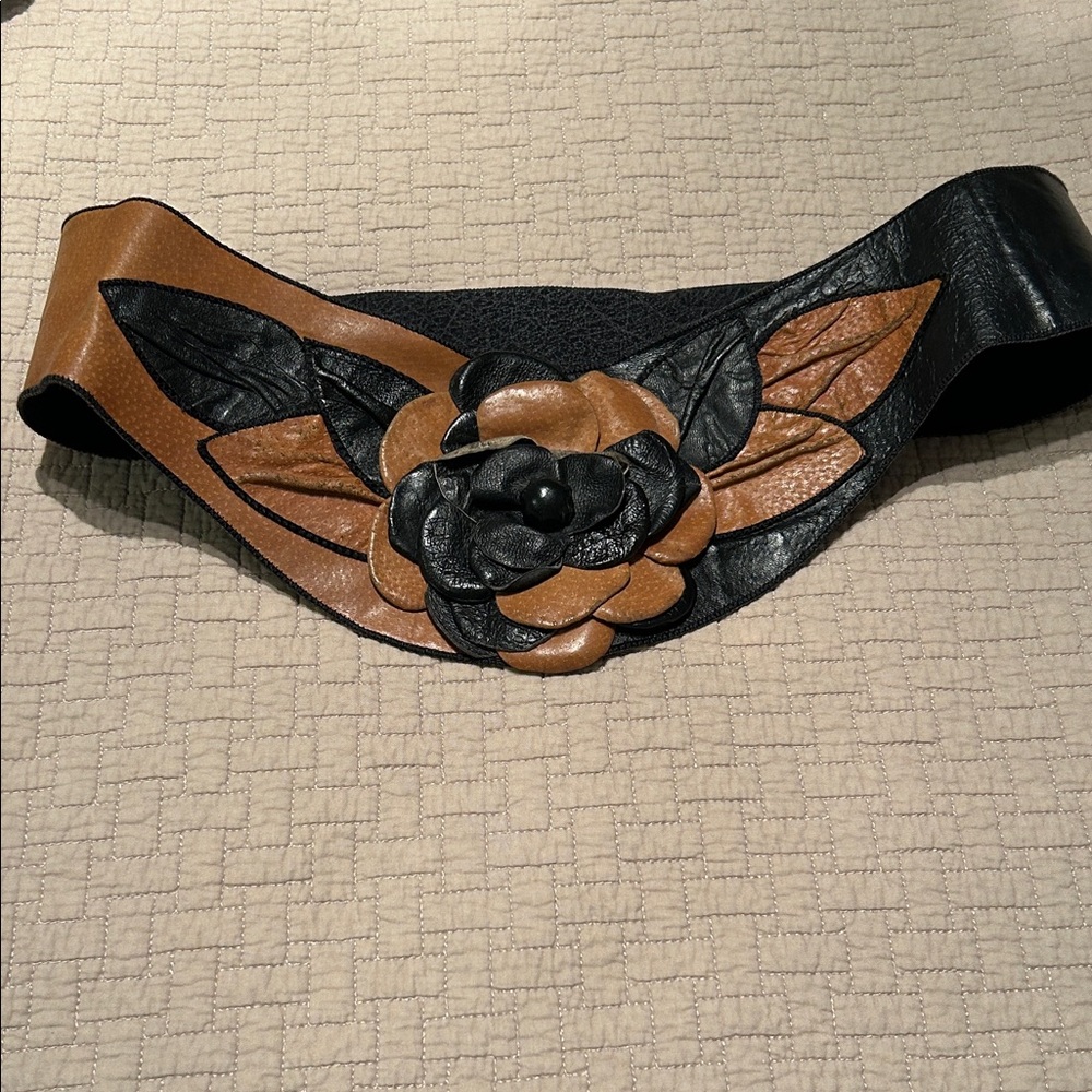 Vintage Black and Brown Floral Leather Belt